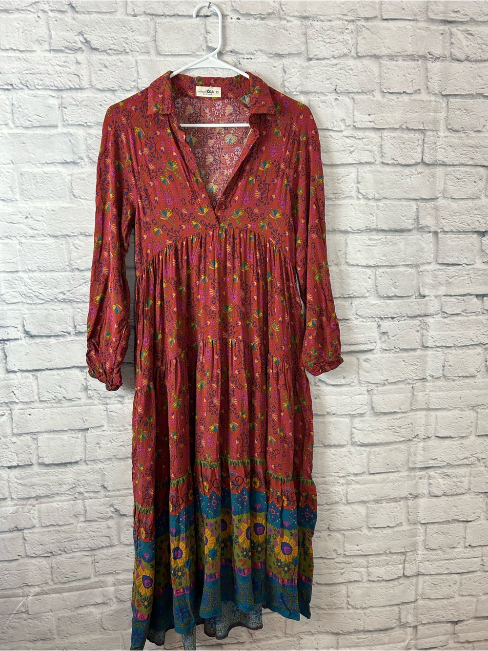 Natural Life XS Floral Boho Tiered Maxi Dress Long Sleeve Pockets Rayon